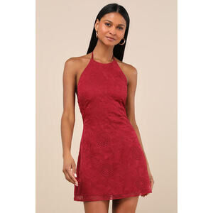 Lulus Letitia Dark Red Embroidered Halter Mini Dress - Size L
